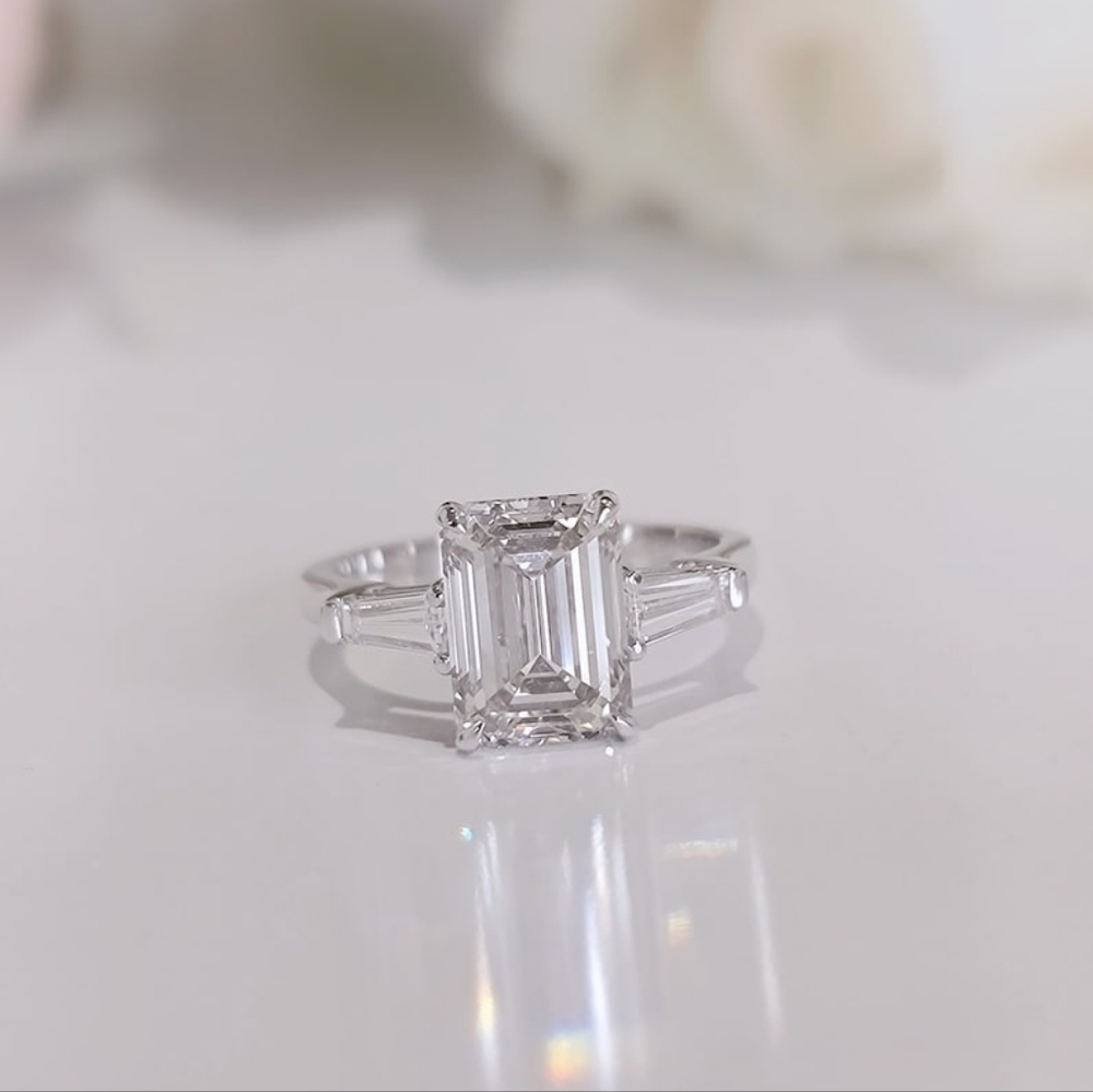 5.50 Carat Emerald & Baguette Three-Stone Moissanite Engagement Ring 14k Gold